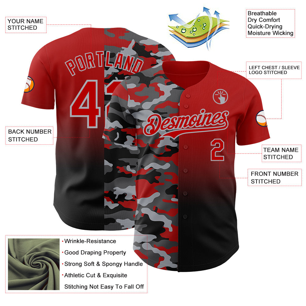 Custom Red Black-Gray Half Camo Ombre Authentic Baseball Jersey view 3