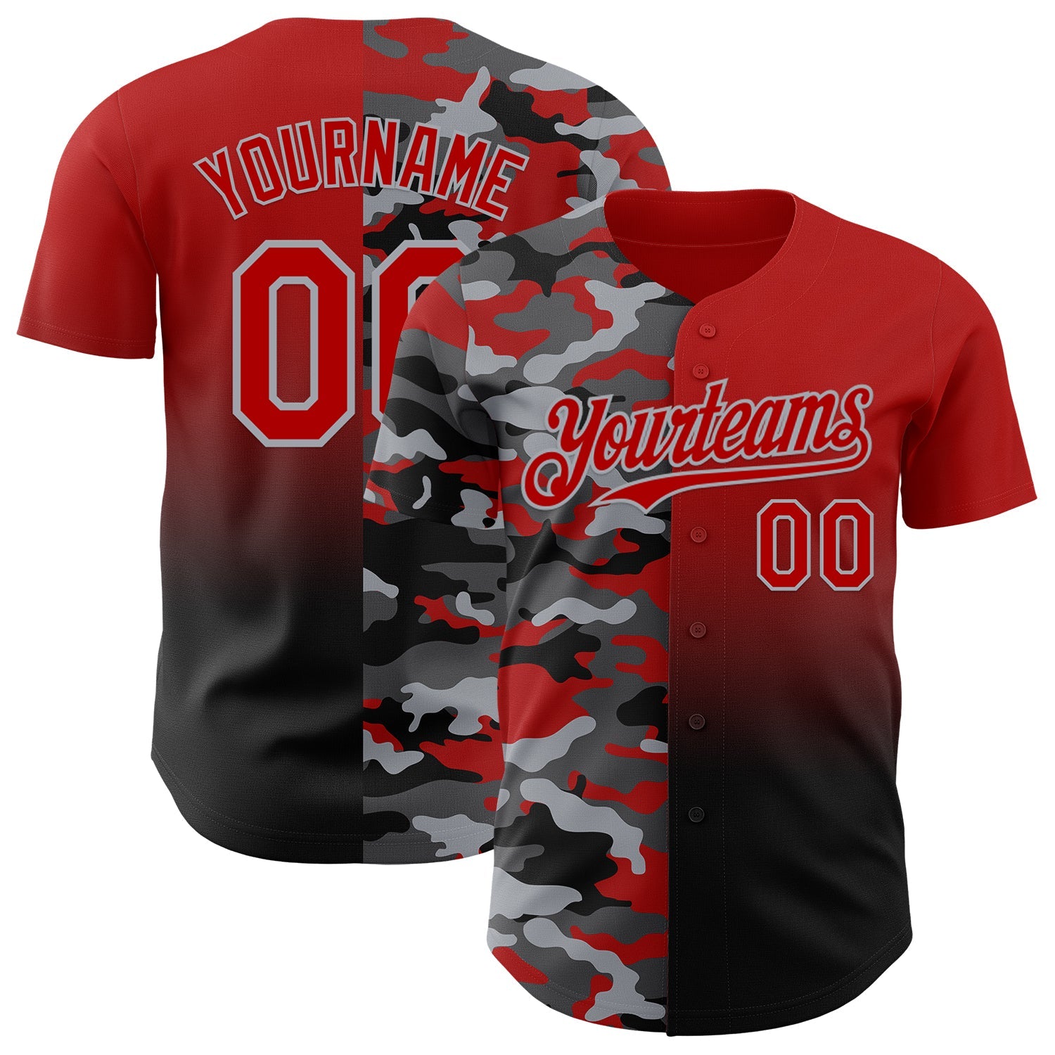 Custom Red Black-Gray Half Camo Ombre Authentic Baseball Jersey - Main View