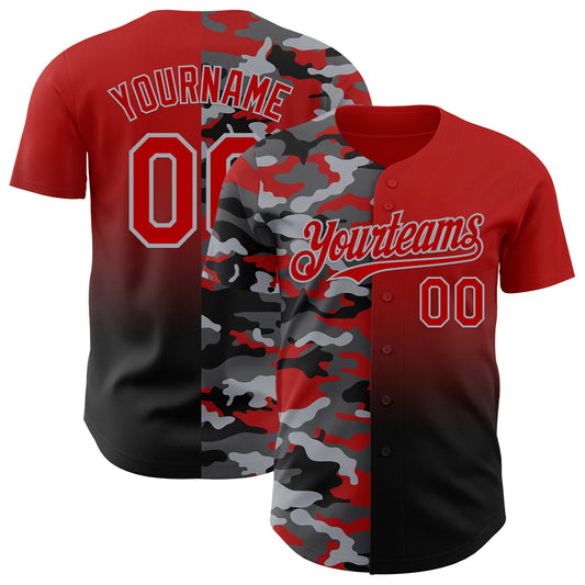 Custom Red Black-Gray Half Camo Ombre Authentic Baseball Jersey - Main View