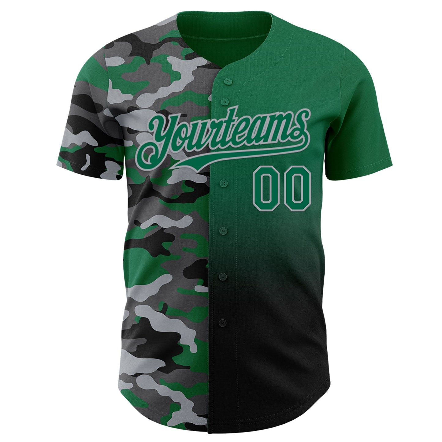 Custom Kelly Green Black-Gray Half Camo Ombre Authentic Baseball Jersey view 2