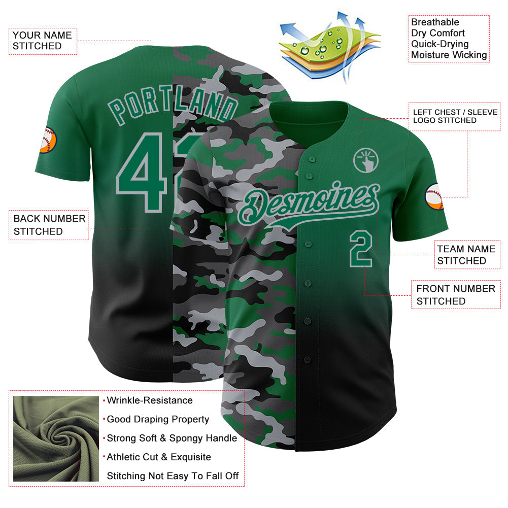 Custom Kelly Green Black-Gray Half Camo Ombre Authentic Baseball Jersey view 3