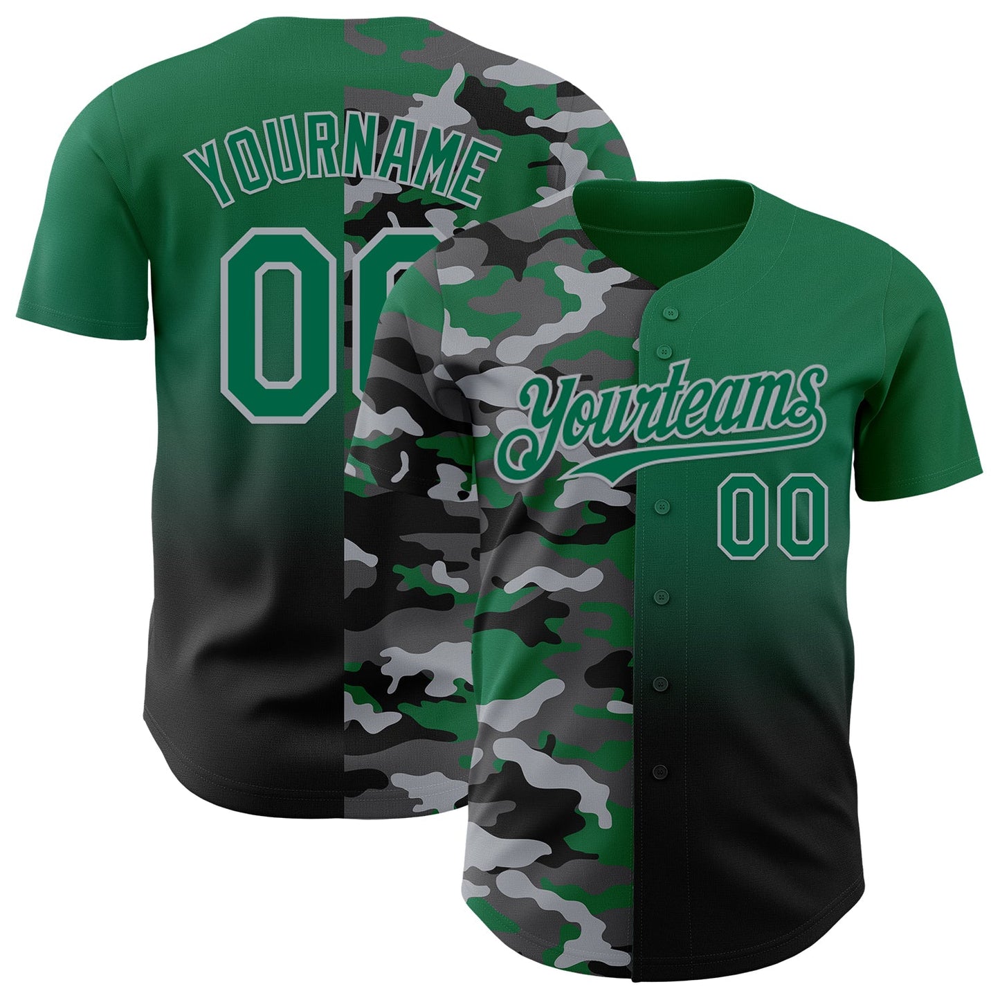 Custom Kelly Green Black-Gray Half Camo Ombre Authentic Baseball Jersey - Main View