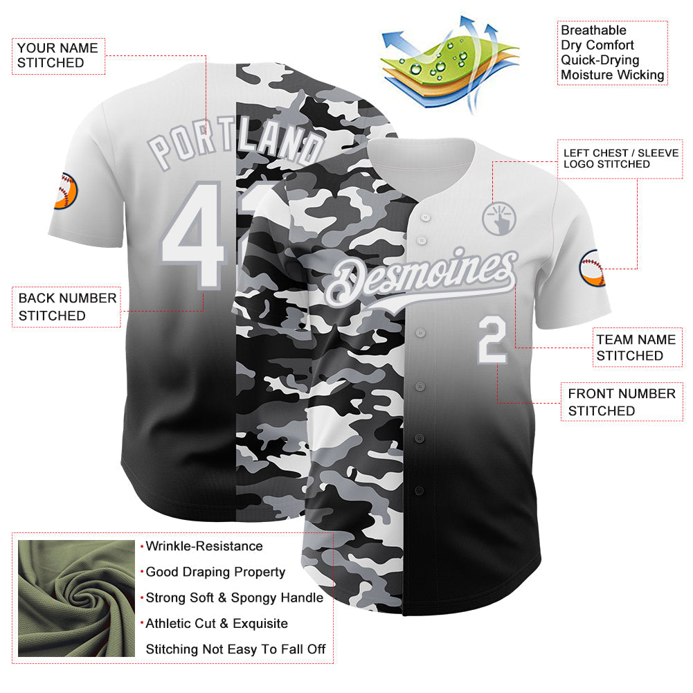 Custom White Black-Gray Half Camo Ombre Authentic Baseball Jersey view 3