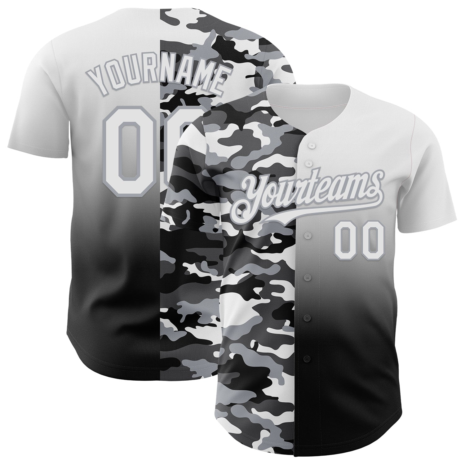 Custom White Black-Gray Half Camo Ombre Authentic Baseball Jersey - Main View