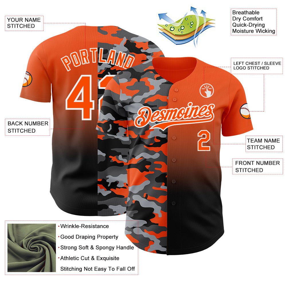 Custom Orange Black-White Half Camo Ombre Authentic Baseball Jersey view 3