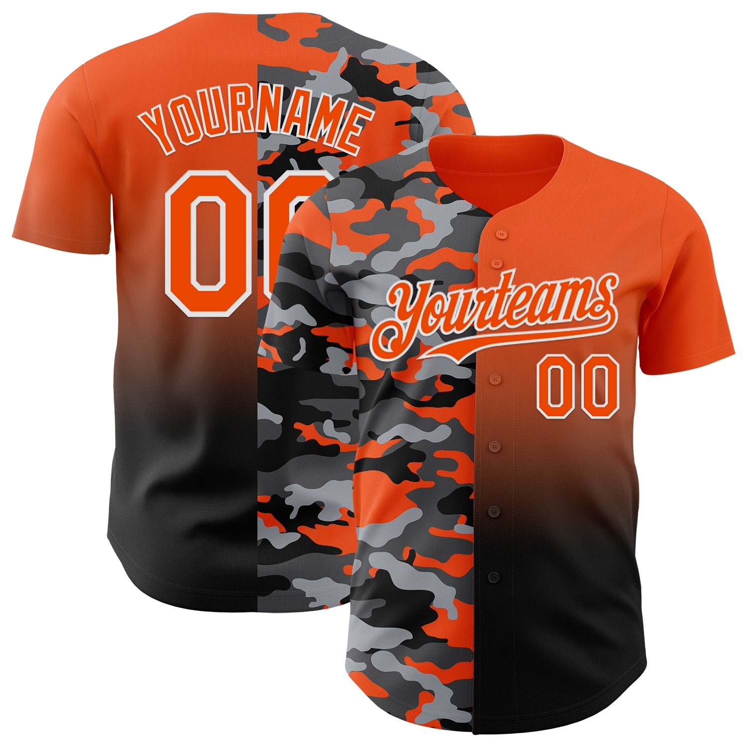 Custom Orange Black-White Half Camo Ombre Authentic Baseball Jersey - Main View