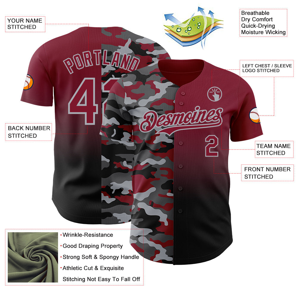 Custom Crimson Black-Gray Half Camo Ombre Authentic Baseball Jersey view 3