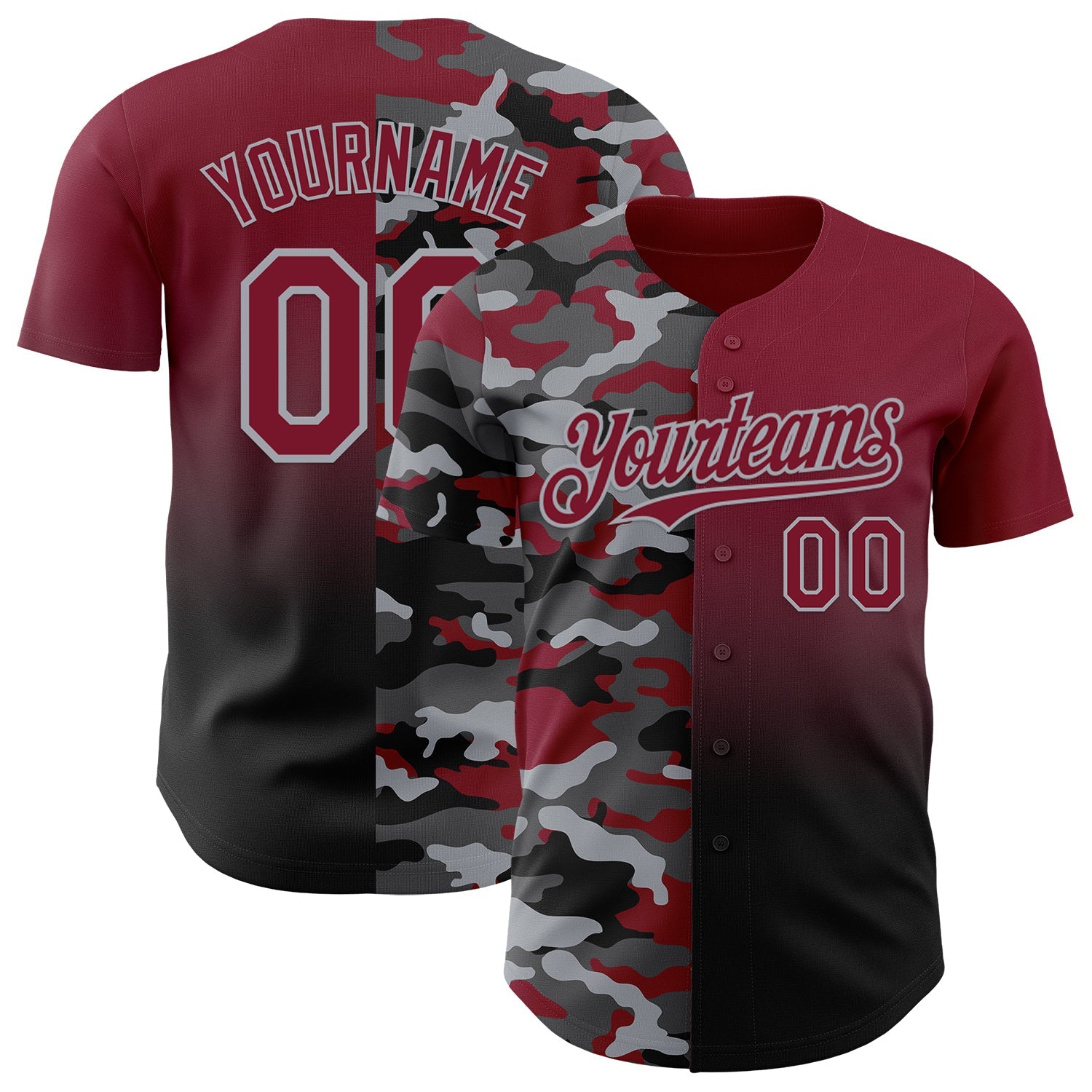 Custom Crimson Black-Gray Half Camo Ombre Authentic Baseball Jersey - Main View