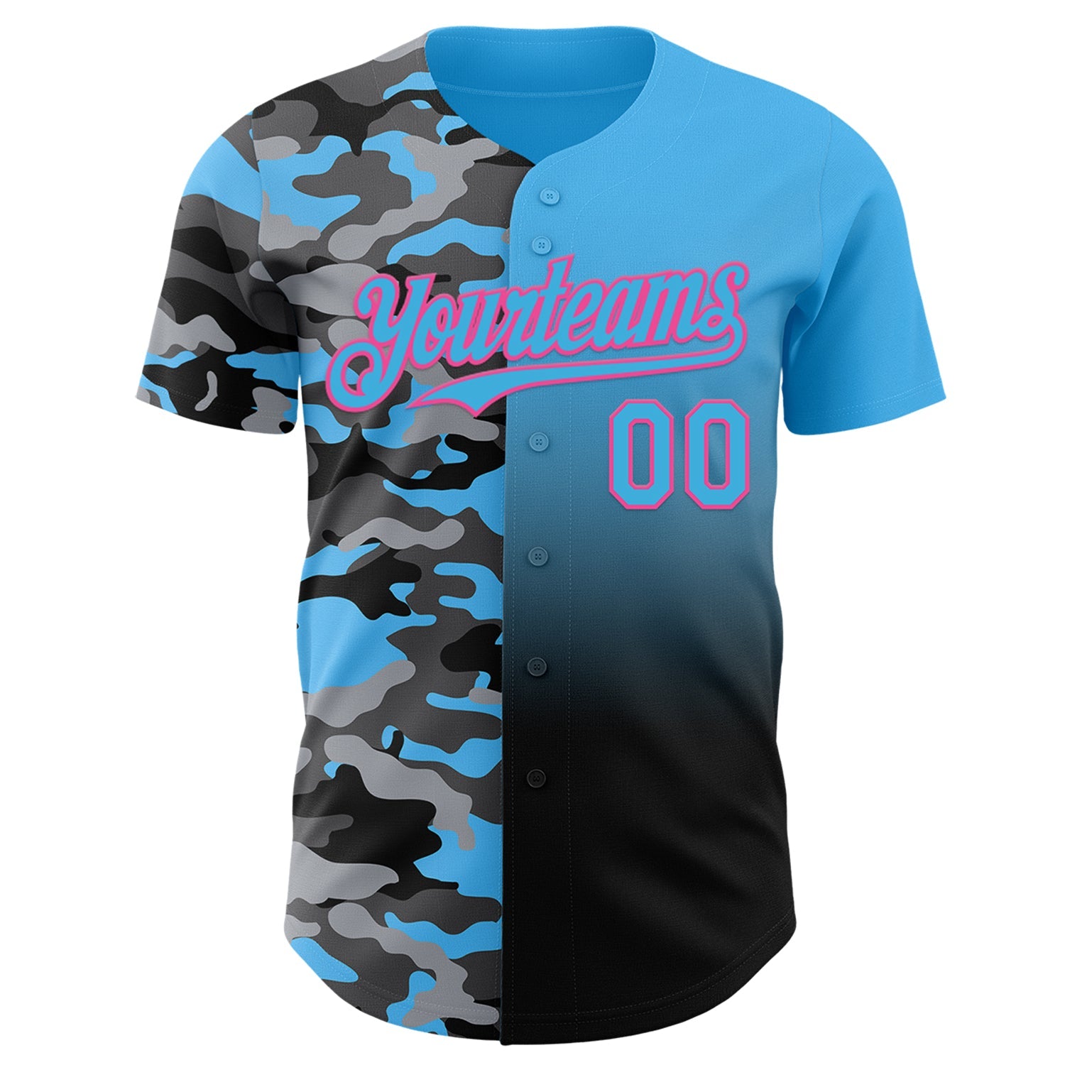 Custom Sky Blue Black-Pink Half Camo Ombre Authentic Baseball Jersey view 2