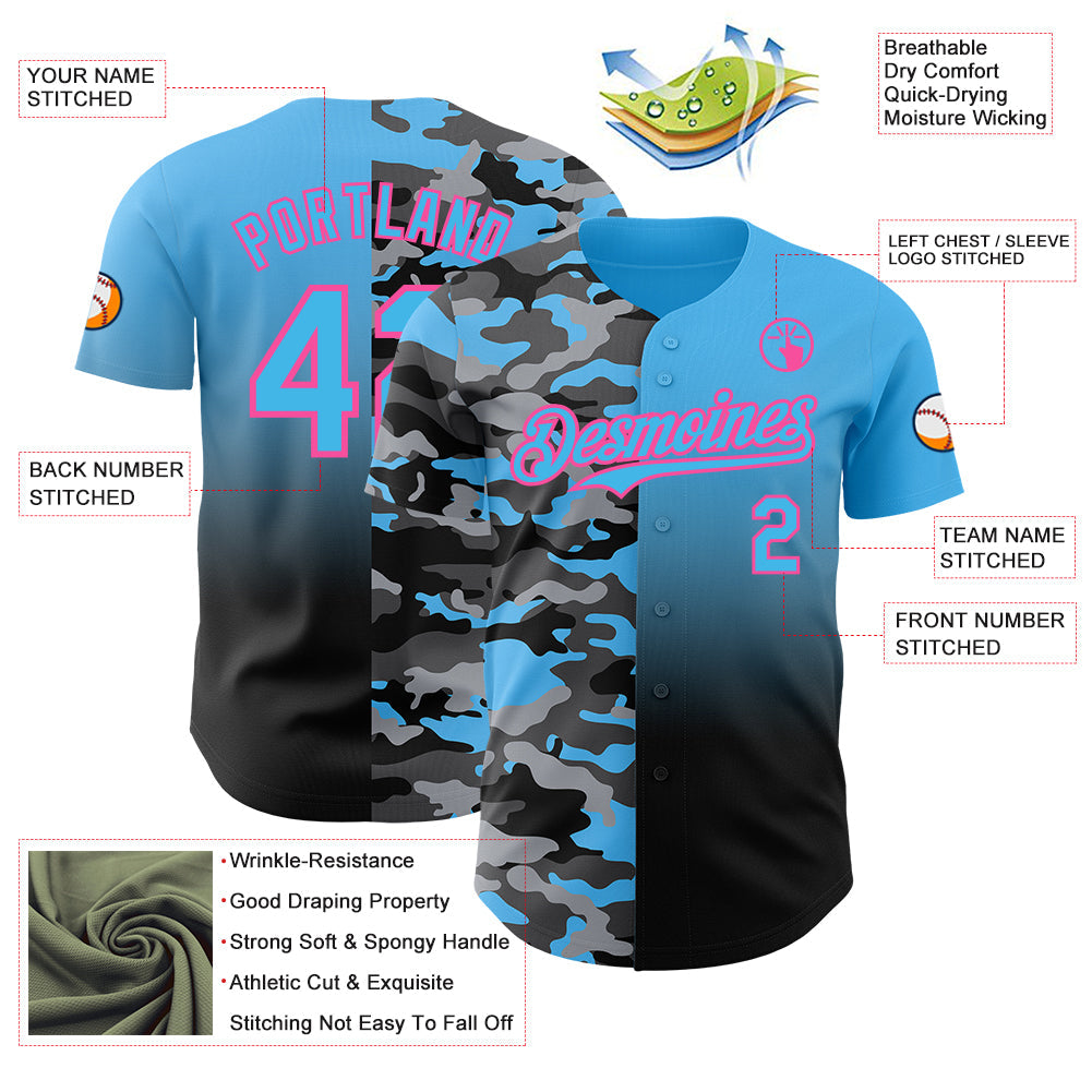 Custom Sky Blue Black-Pink Half Camo Ombre Authentic Baseball Jersey view 3