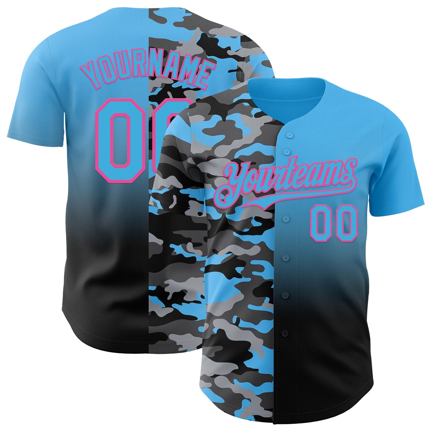 Custom Sky Blue Black-Pink Half Camo Ombre Authentic Baseball Jersey - Main View