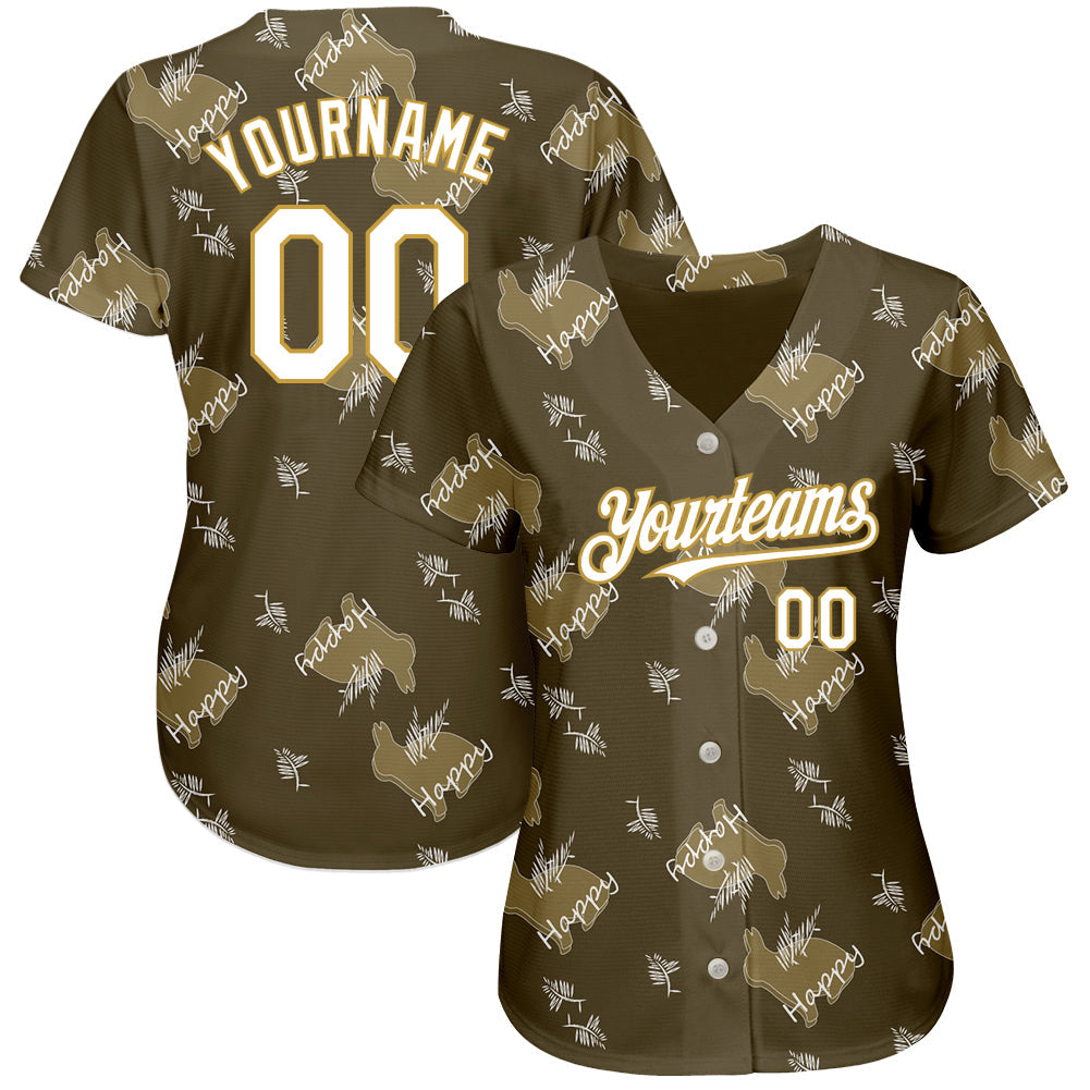 Custom Olive Old Gold-White 3D Pattern Design Rabbit Authentic Baseball Jersey view 2