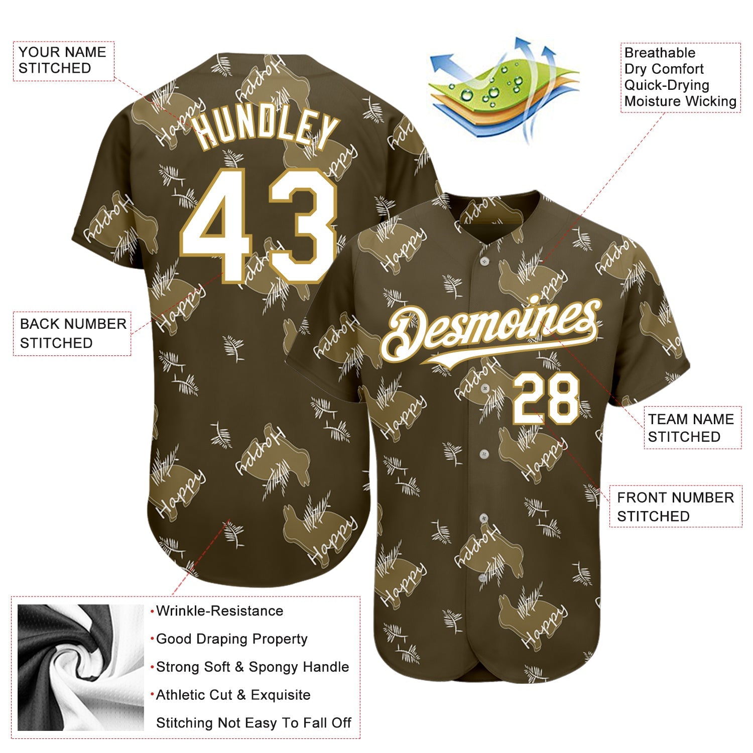 Custom Olive Old Gold-White 3D Pattern Design Rabbit Authentic Baseball Jersey view 3