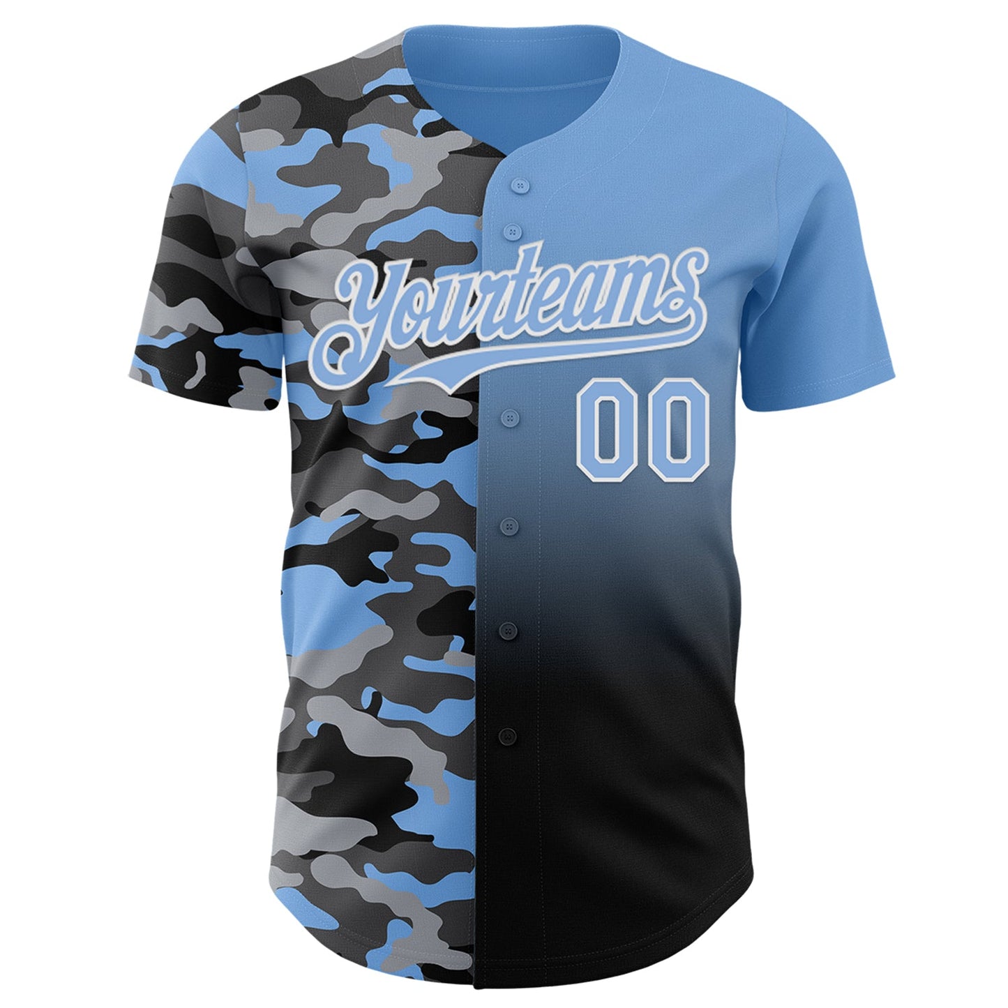 Custom Light Blue Black-White Half Camo Ombre Authentic Baseball Jersey view 2