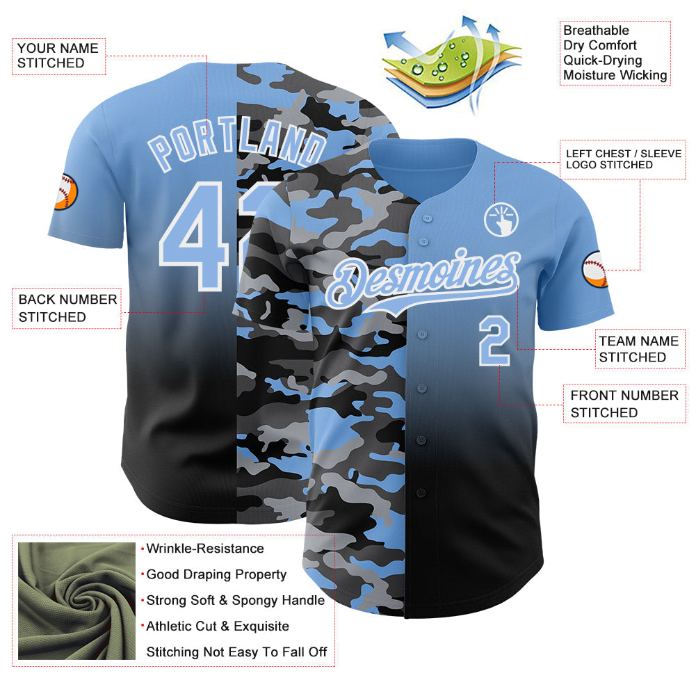 Custom Light Blue Black-White Half Camo Ombre Authentic Baseball Jersey view 3