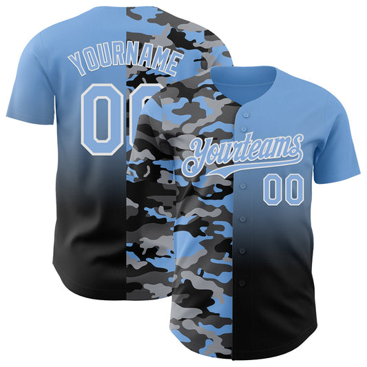 Custom Light Blue Black-White Half Camo Ombre Authentic Baseball Jersey - Main View