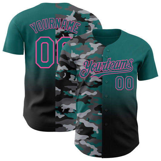 Custom Teal Black-Pink Half Camo Ombre Authentic Baseball Jersey - Main View