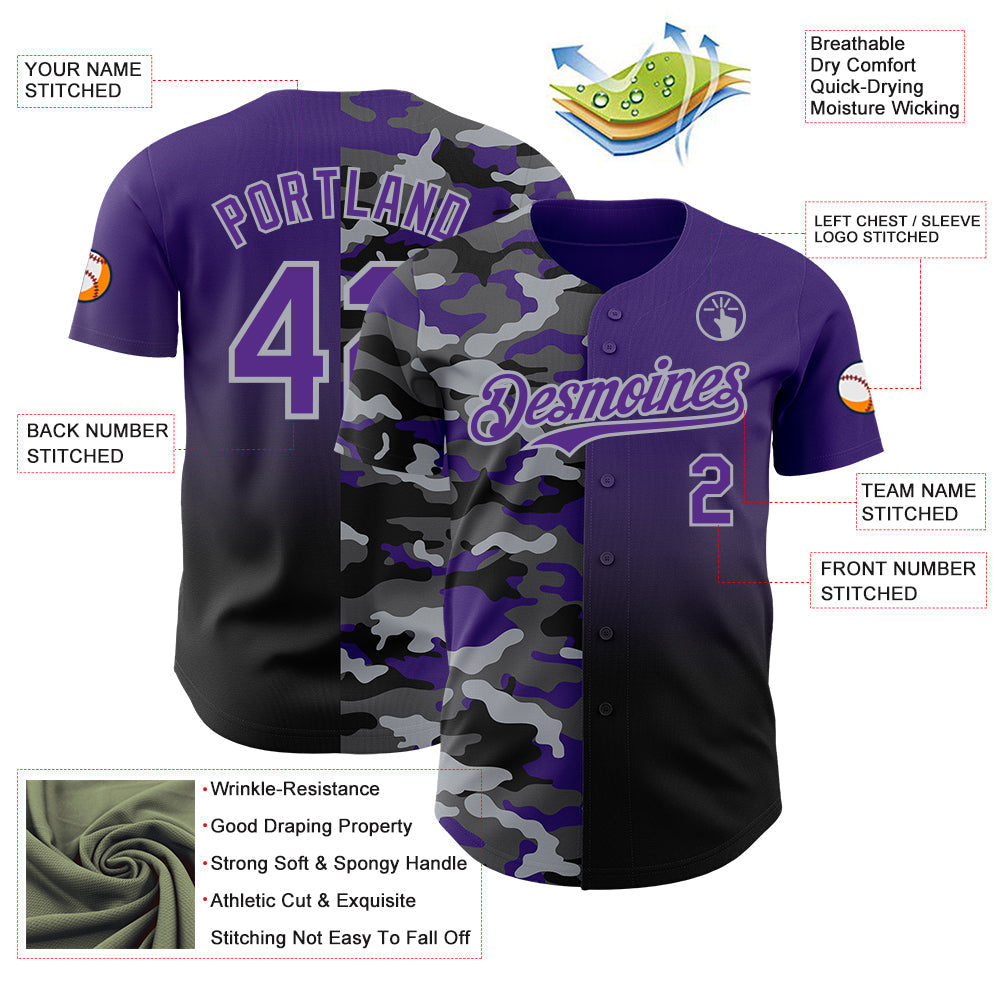 Custom Purple Black-Gray Half Camo Ombre Authentic Baseball Jersey view 3