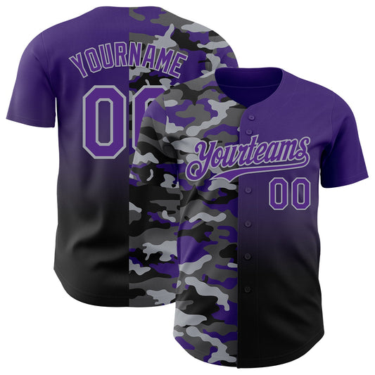 Custom Purple Black-Gray Half Camo Ombre Authentic Baseball Jersey - Main View