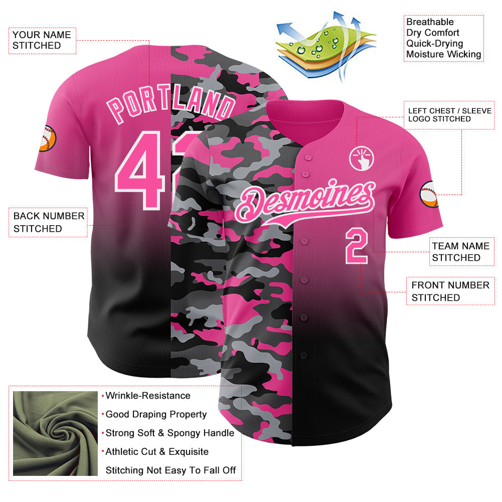 Custom Pink Black-White Half Camo Ombre Authentic Baseball Jersey view 3