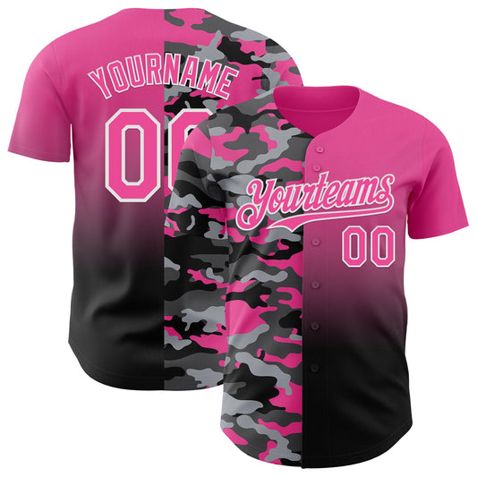 Custom Pink Black-White Half Camo Ombre Authentic Baseball Jersey - Main View