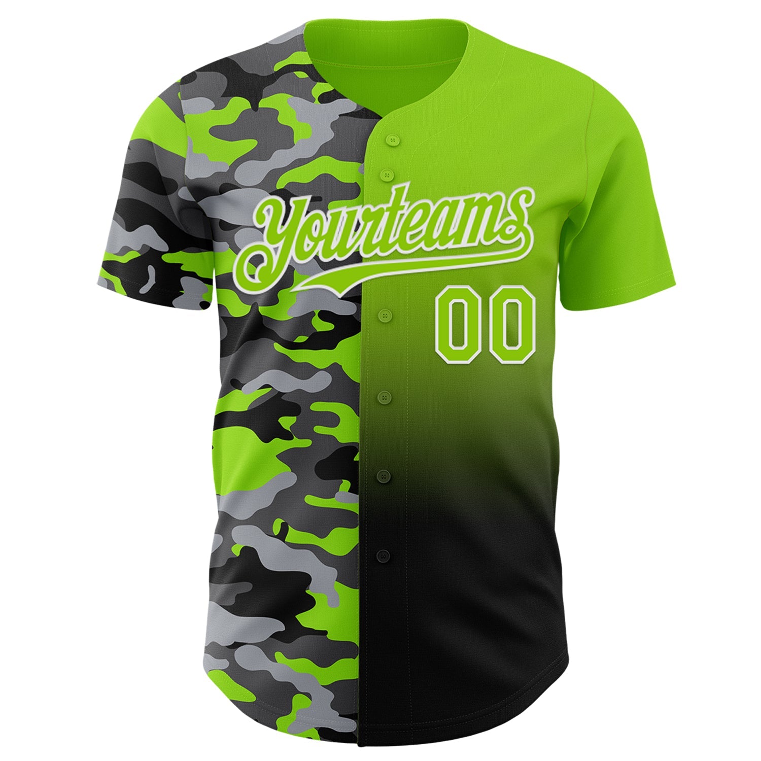 Custom Neon Green Black-White Half Camo Ombre Authentic Baseball Jersey view 2