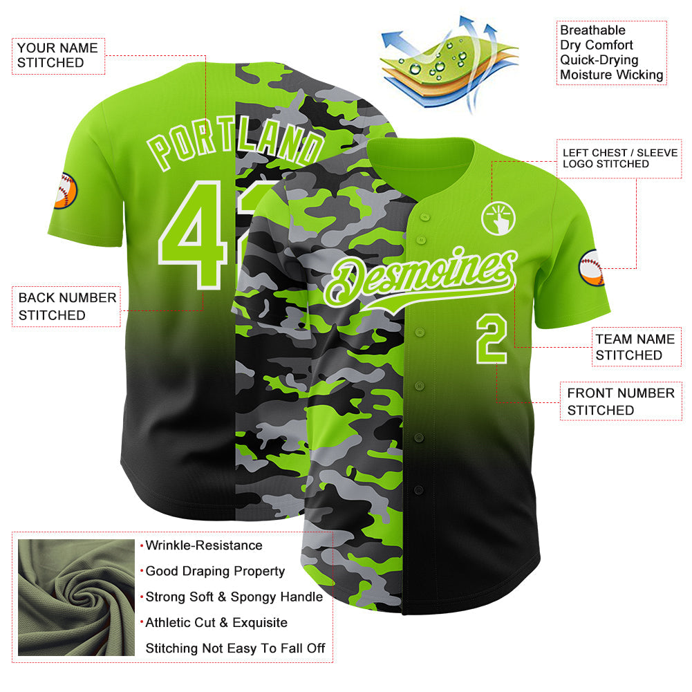 Custom Neon Green Black-White Half Camo Ombre Authentic Baseball Jersey view 3