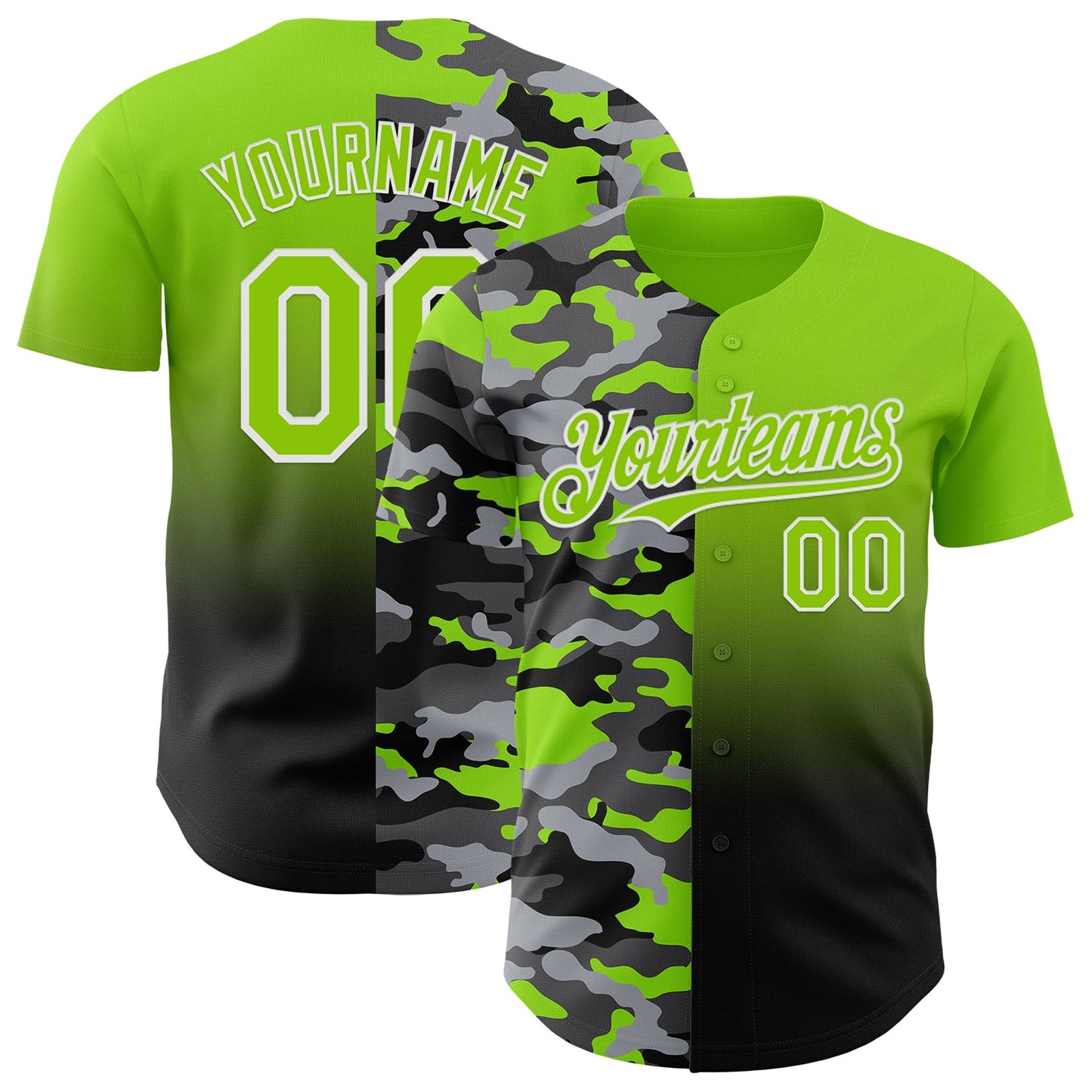 Custom Neon Green Black-White Half Camo Ombre Authentic Baseball Jersey - Main View