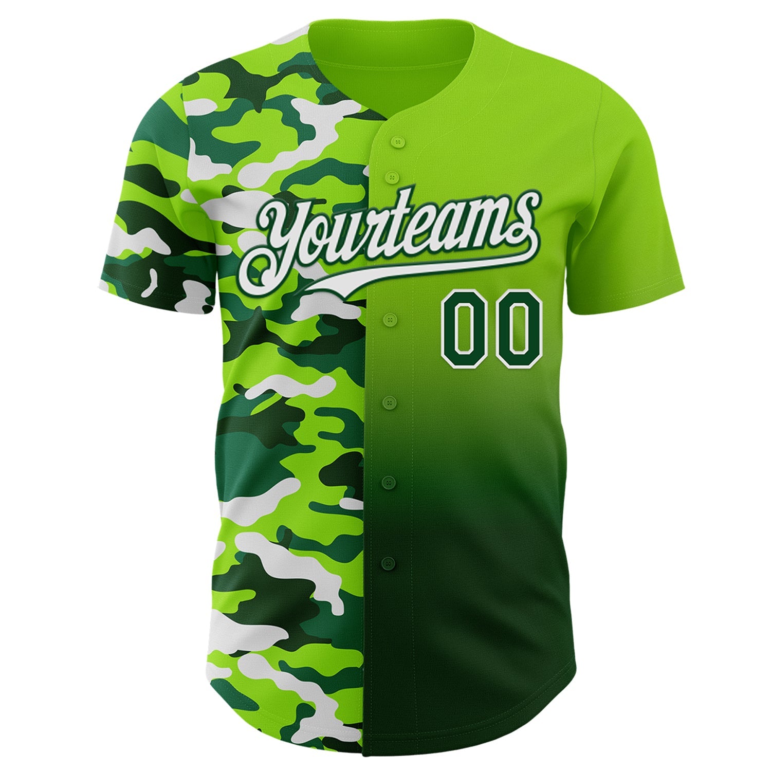 Custom Neon Green Green-White Half Camo Ombre Authentic Baseball Jersey view 2