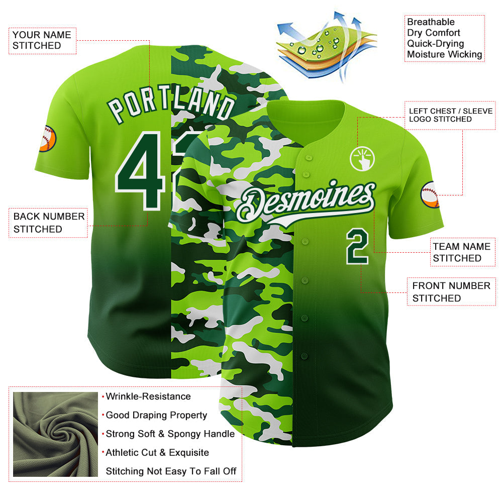 Custom Neon Green Green-White Half Camo Ombre Authentic Baseball Jersey view 3