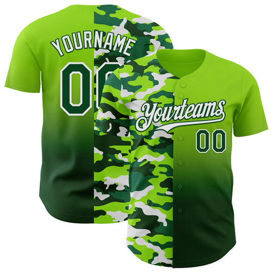 Custom Neon Green Green-White Half Camo Ombre Authentic Baseball Jersey - Main View