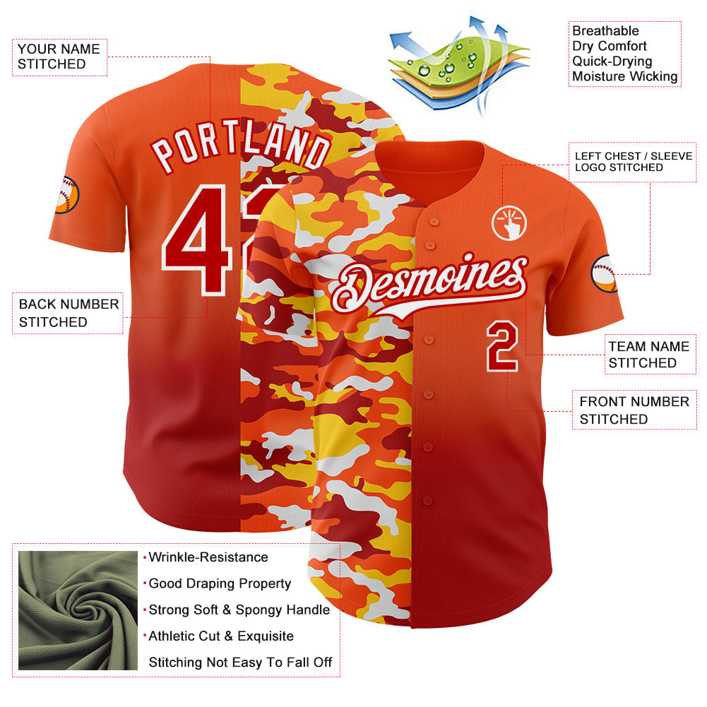 Custom Orange Red-White Half Camo Ombre Authentic Baseball Jersey view 3