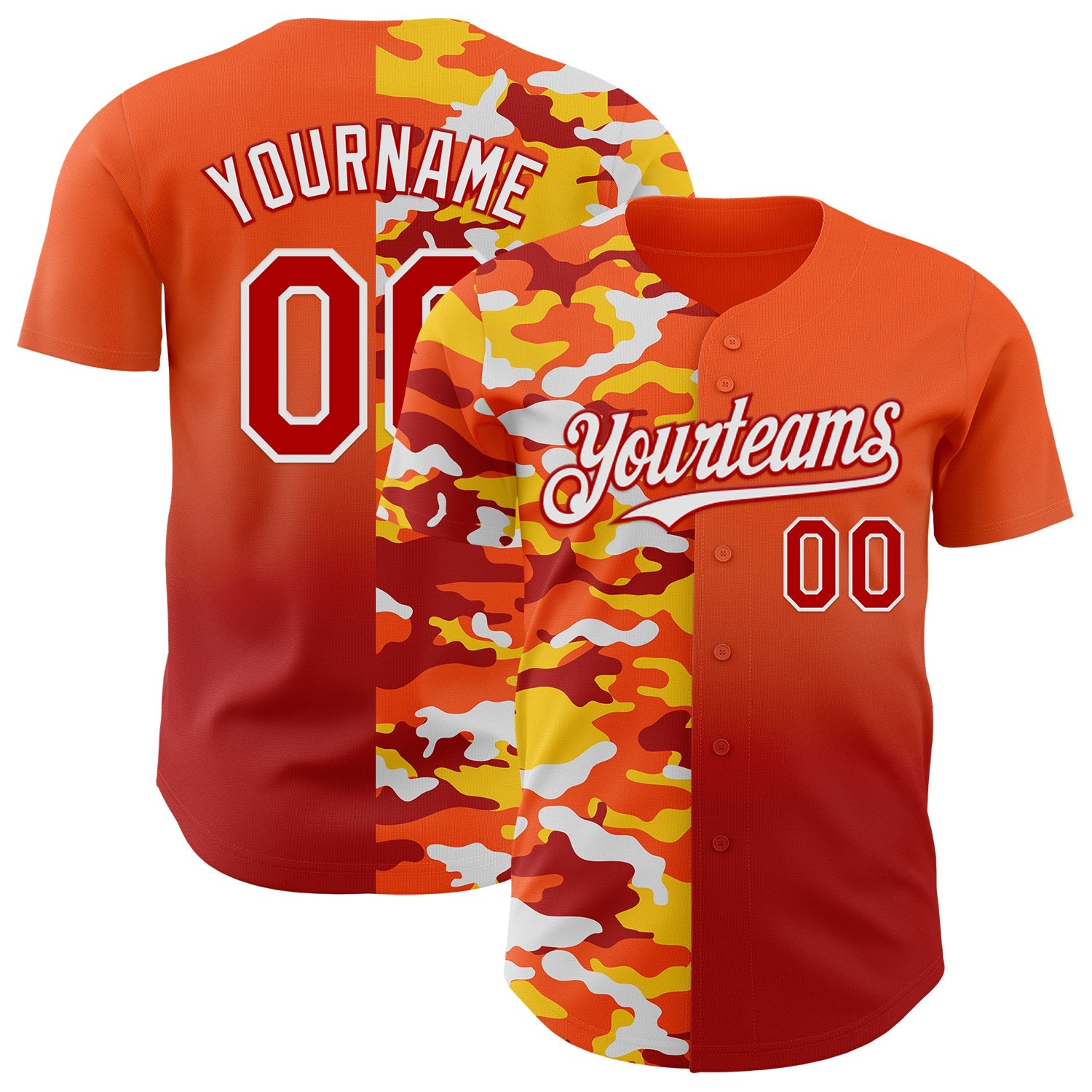 Custom Orange Red-White Half Camo Ombre Authentic Baseball Jersey - Main View