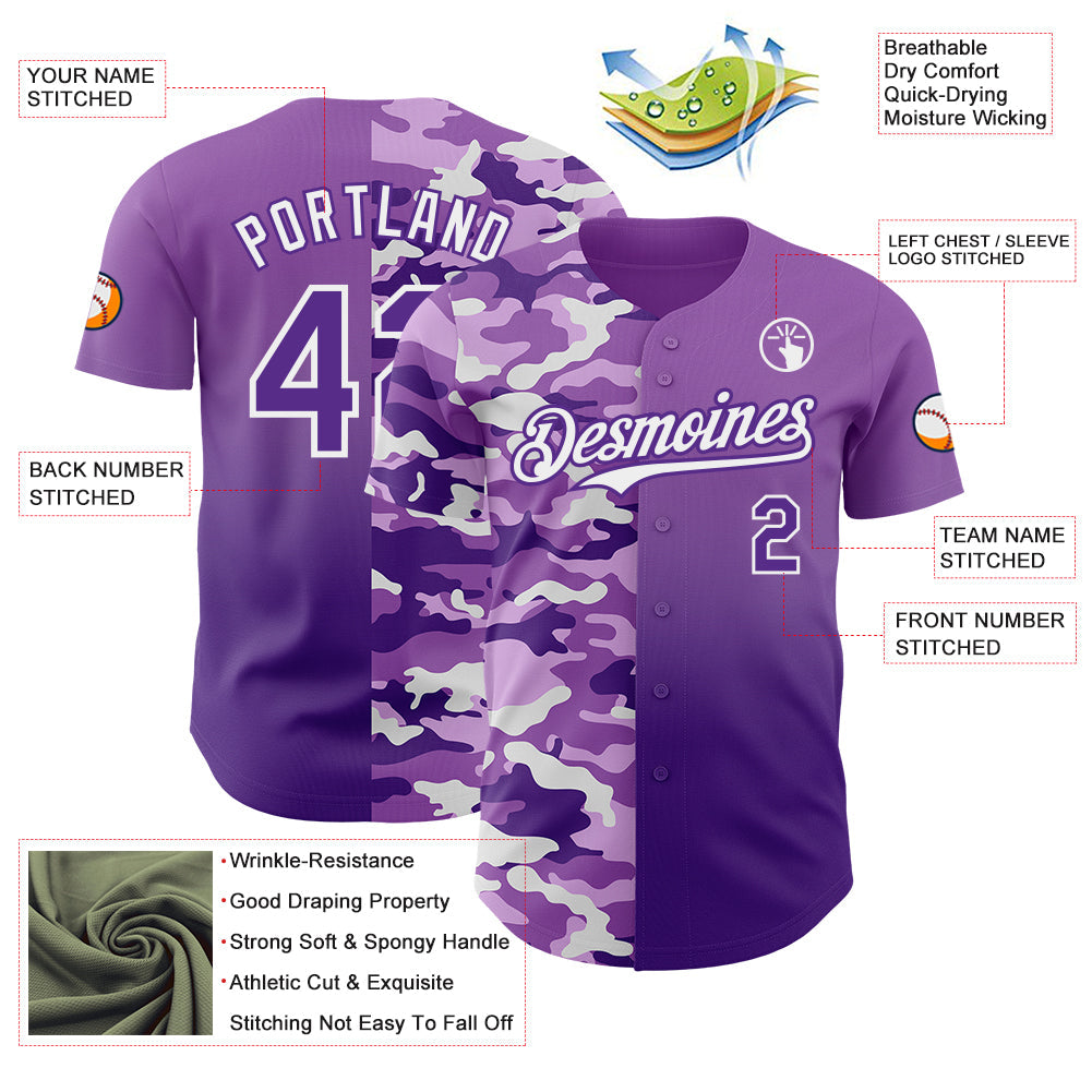 Custom Medium Purple Purple-White Half Camo Ombre Authentic Baseball Jersey view 3