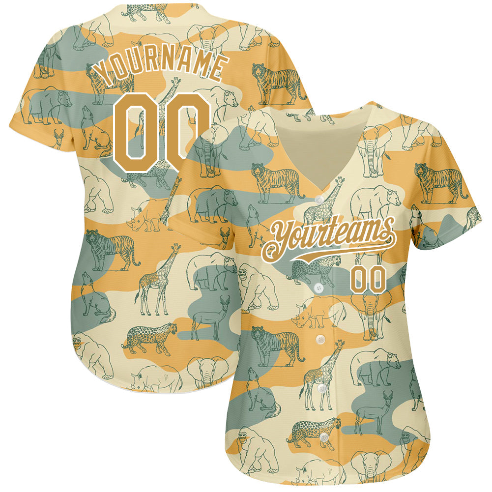 Custom Cream Old Gold-White 3D Pattern Design Animal Authentic Baseball Jersey view 2