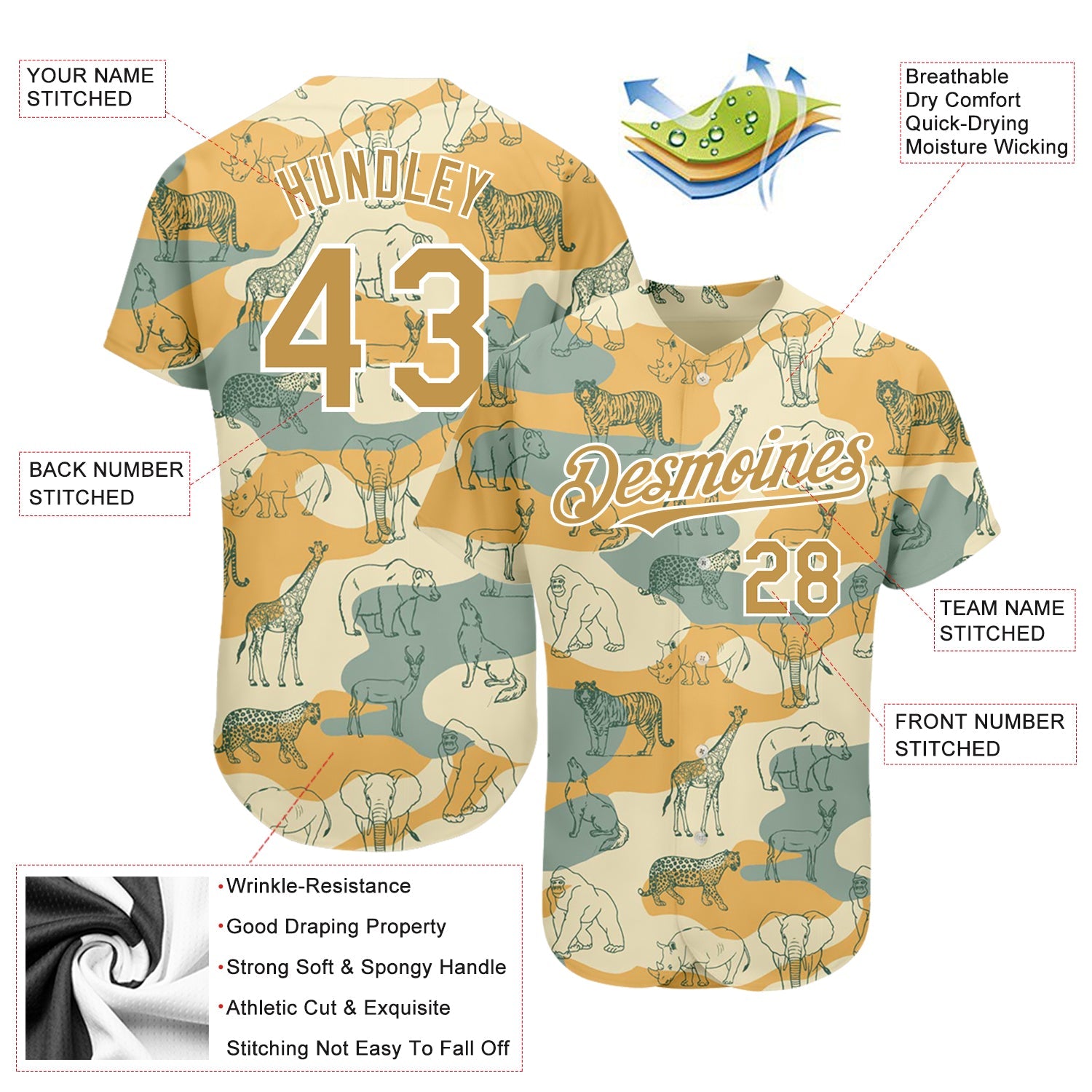 Custom Cream Old Gold-White 3D Pattern Design Animal Authentic Baseball Jersey view 3