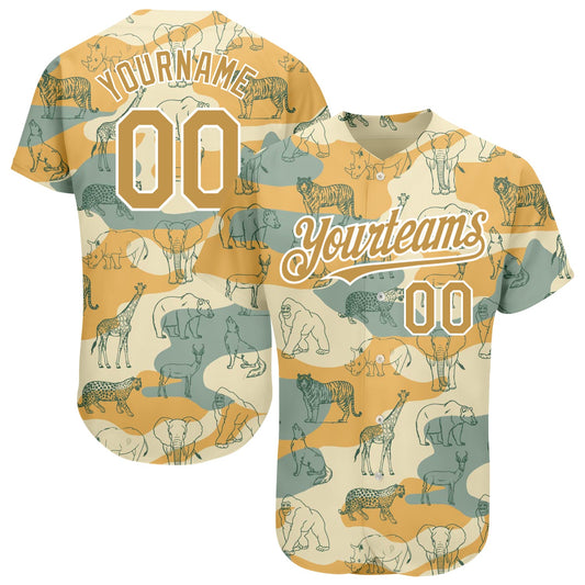 Custom Cream Old Gold-White 3D Pattern Design Animal Authentic Baseball Jersey - Main View