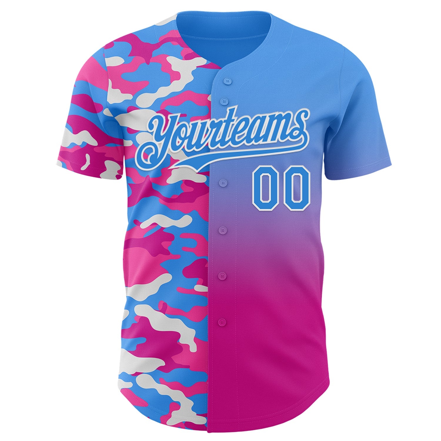 Custom Electric Blue Deep Pink-White Half Camo Ombre Authentic Baseball Jersey view 2