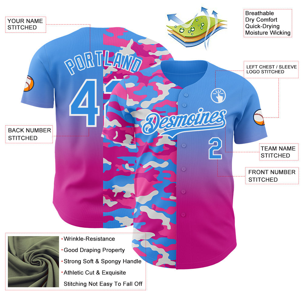 Custom Electric Blue Deep Pink-White Half Camo Ombre Authentic Baseball Jersey view 3