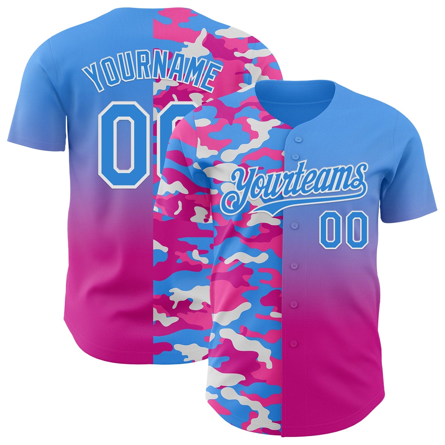 Custom Electric Blue Deep Pink-White Half Camo Ombre Authentic Baseball Jersey - Main View