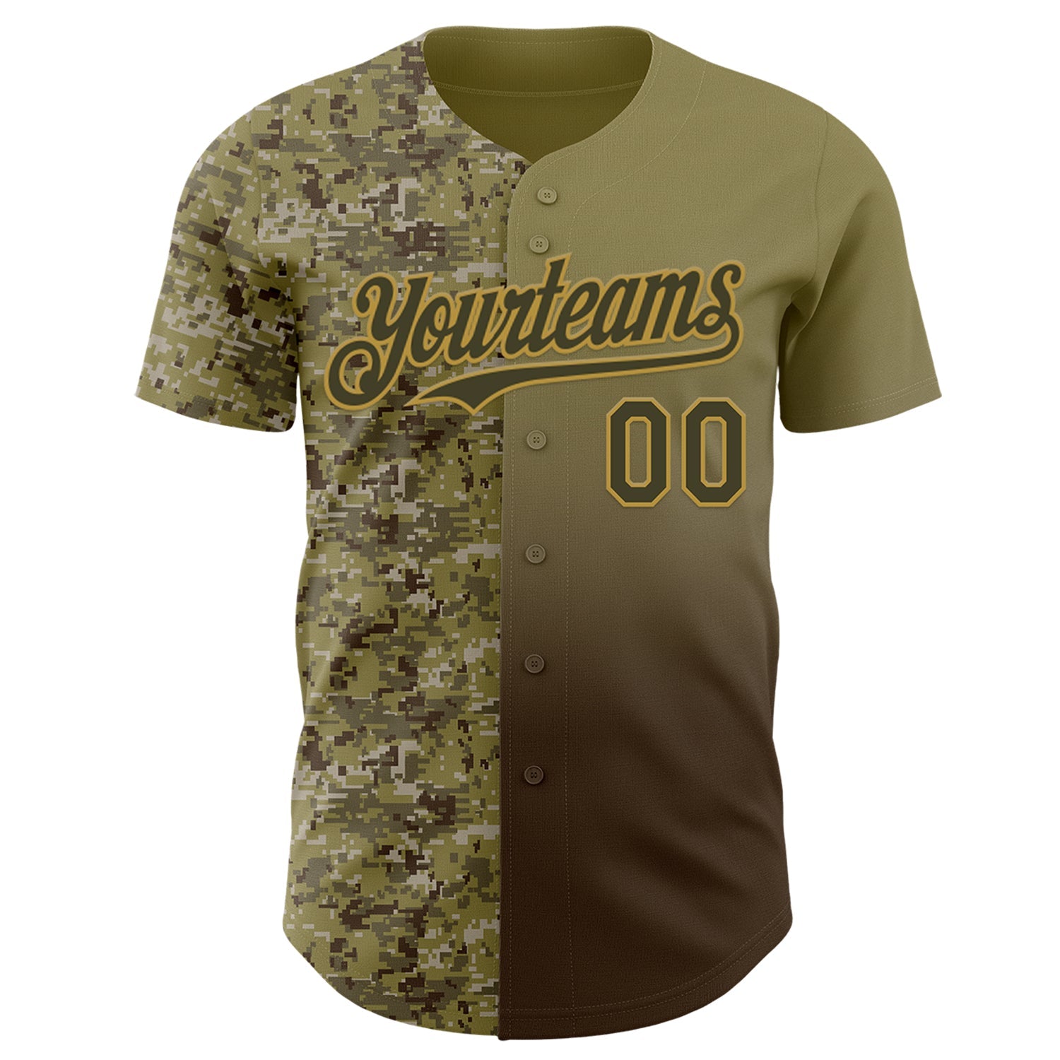 Custom Olive Brown-Old Gold Half Camo Ombre Authentic Baseball Jersey view 2
