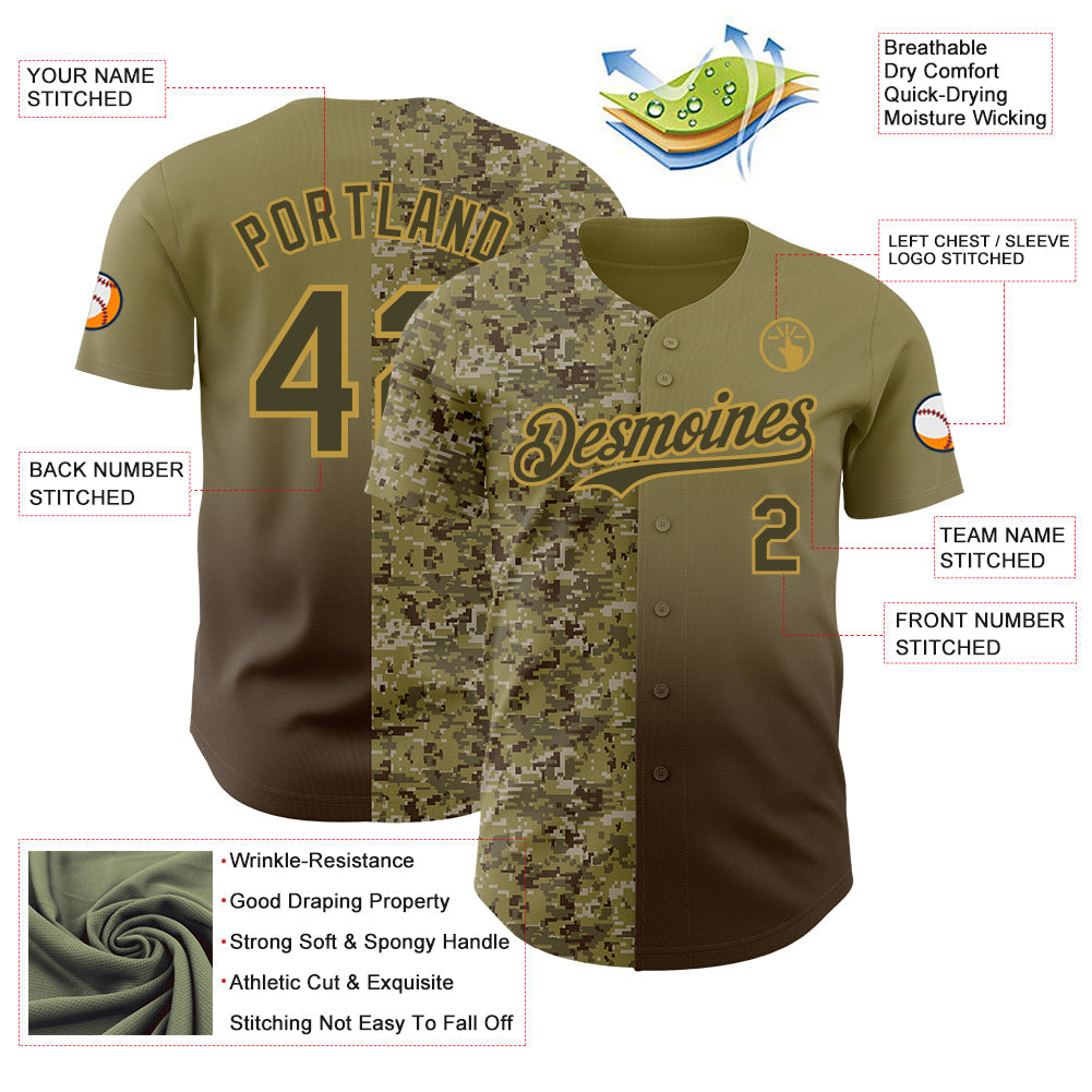Custom Olive Brown-Old Gold Half Camo Ombre Authentic Baseball Jersey view 3