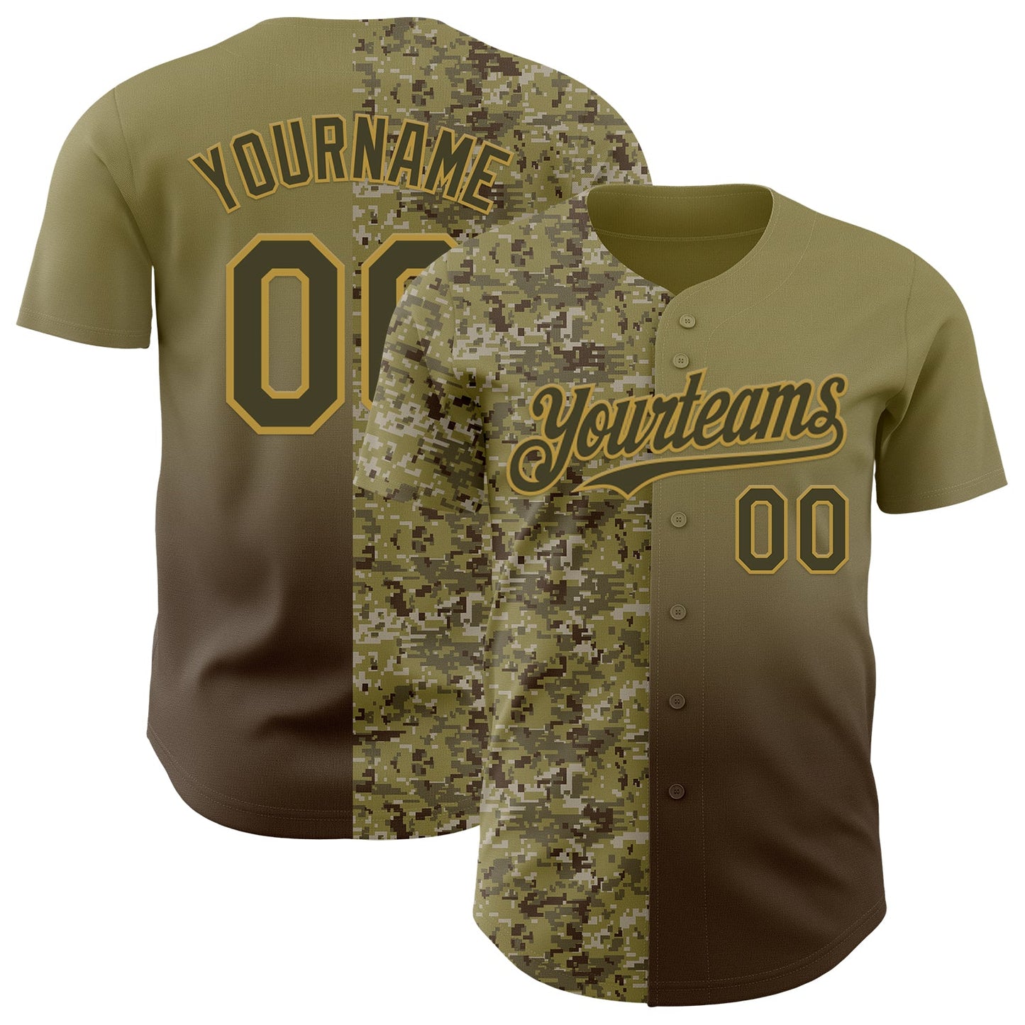 Custom Olive Brown-Old Gold Half Camo Ombre Authentic Baseball Jersey - Main View