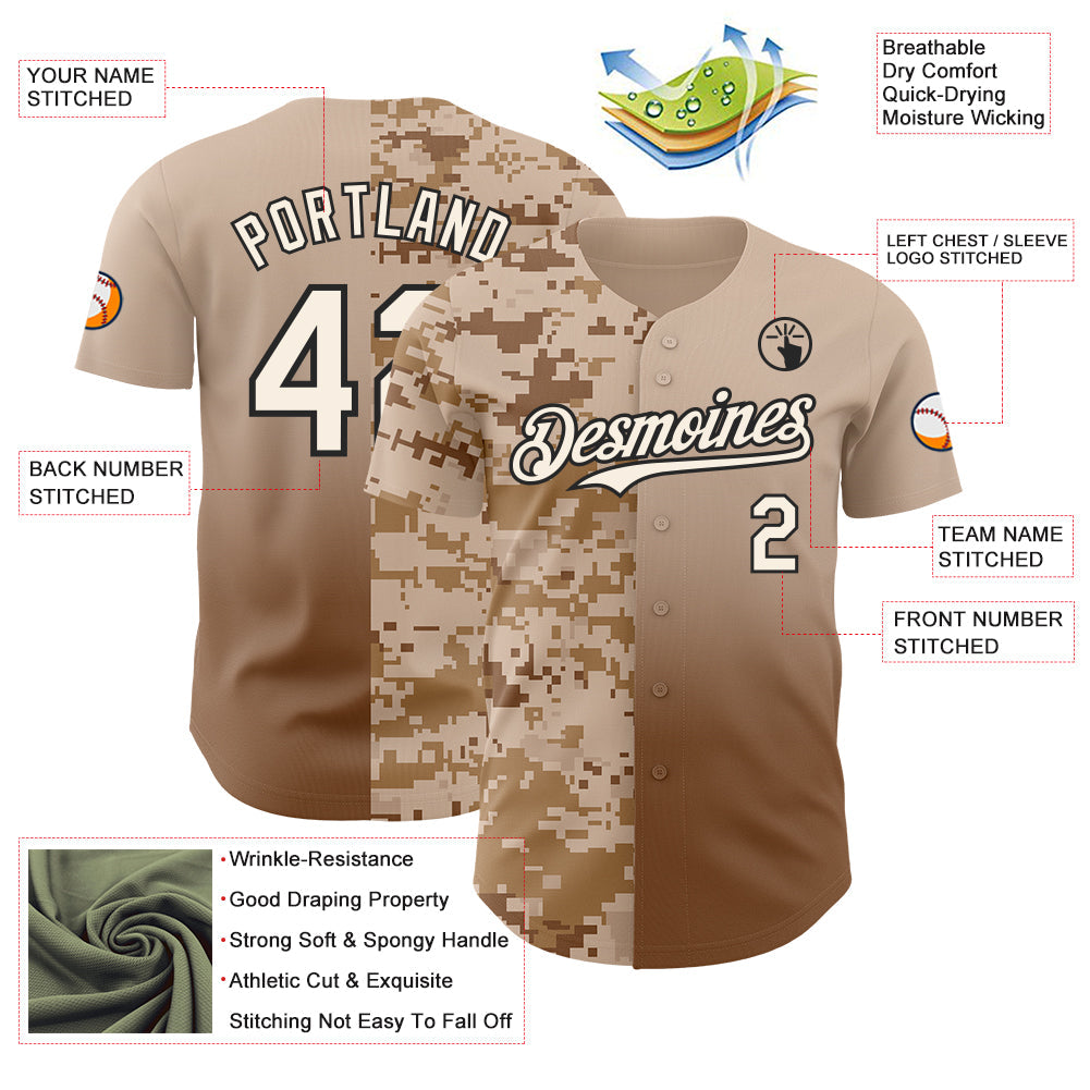 Custom Cream Brown-Black Half Camo Ombre Authentic Baseball Jersey view 3