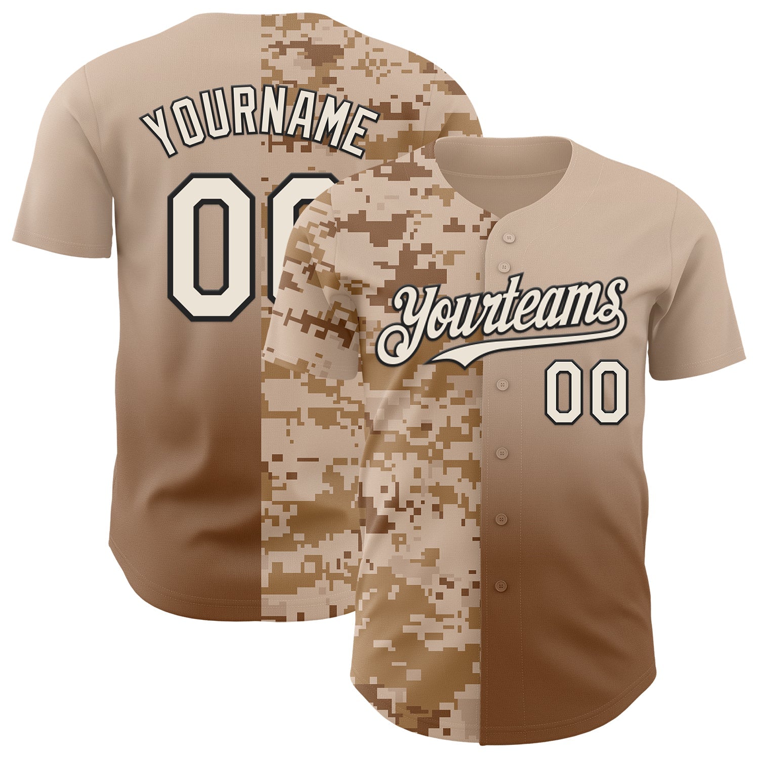 Custom Cream Brown-Black Half Camo Ombre Authentic Baseball Jersey - Main View