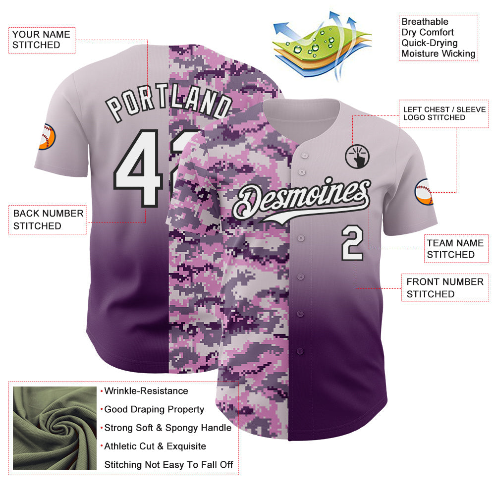 Custom Gray White Purple-Black Half Camo Ombre Authentic Baseball Jersey view 3