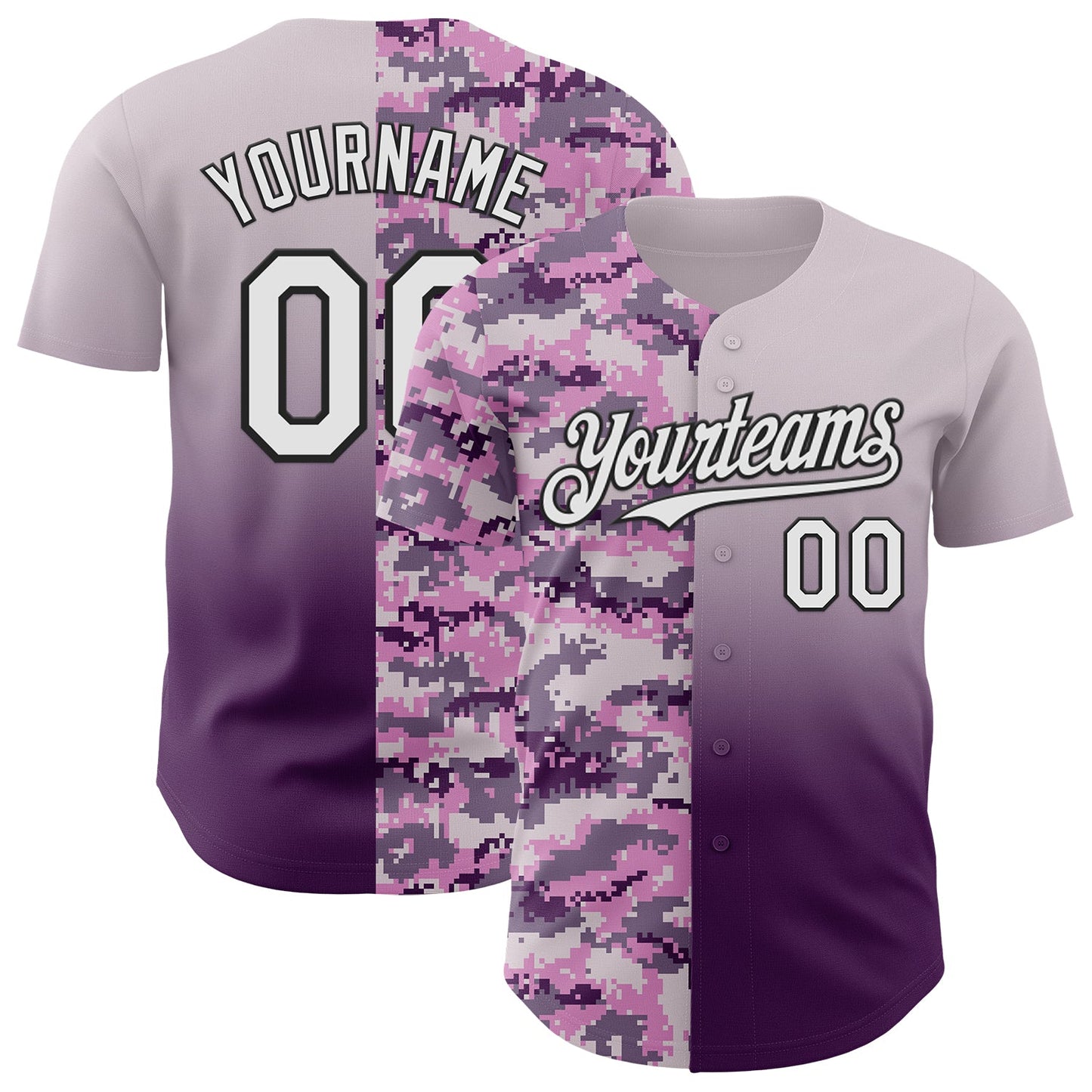 Custom Gray White Purple-Black Half Camo Ombre Authentic Baseball Jersey - Main View