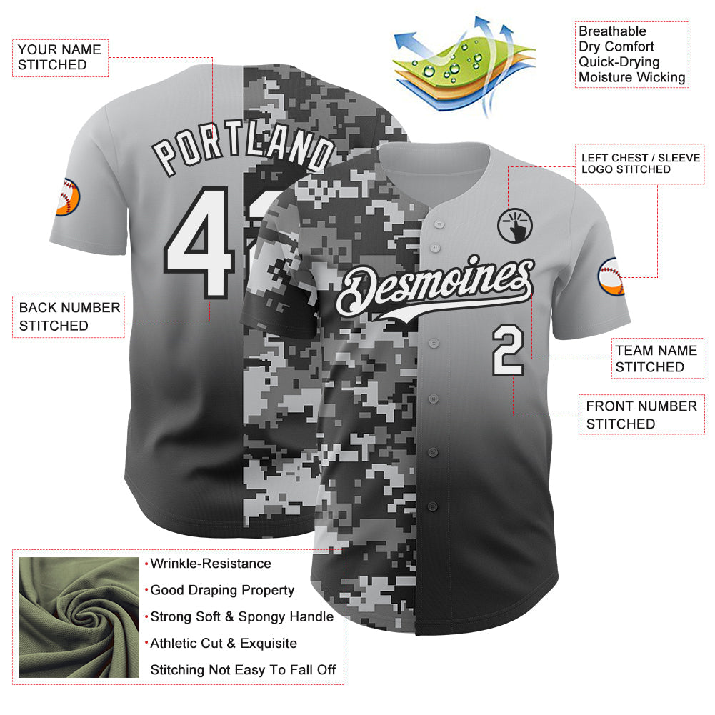 Custom Gray White-Black Half Camo Ombre Authentic Baseball Jersey view 3