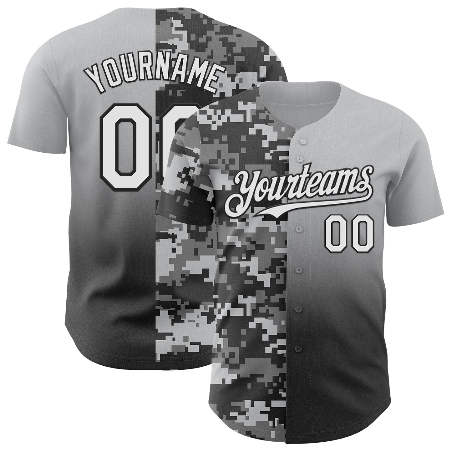 Custom Gray White-Black Half Camo Ombre Authentic Baseball Jersey - Main View