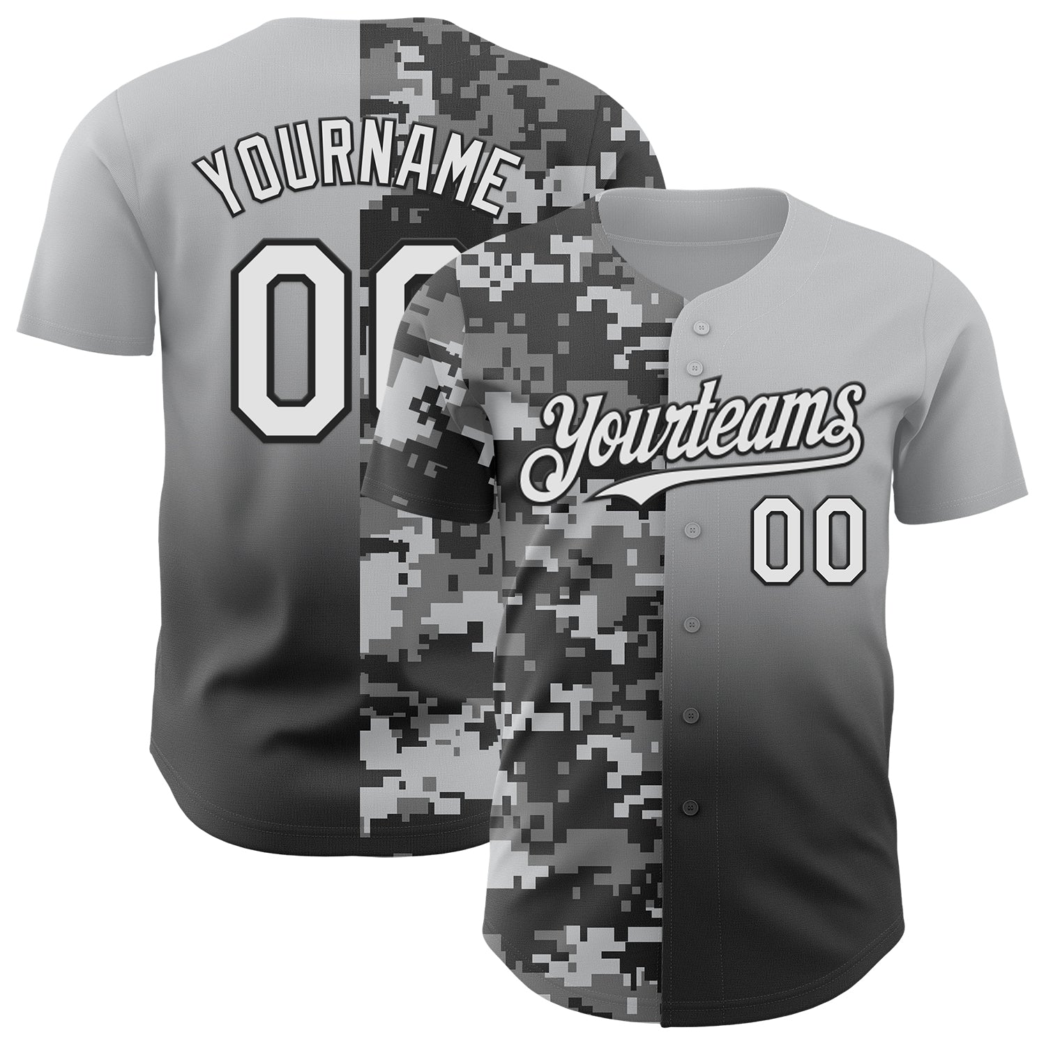 Custom Gray White-Black Half Camo Ombre Authentic Baseball Jersey - Main View